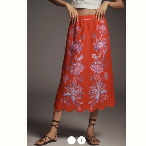 Farm Rio Porcelain Garden Euroflax Premium Linen Embroidered Scallop-Hem Skirt - Picture 6 of 16